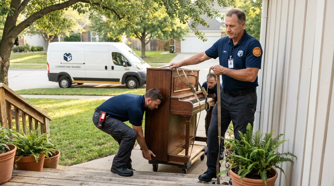 Licensed piano movers securing grand piano in Hooker, OK