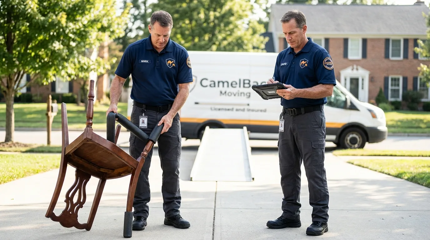 Movers inspecting furniture for damage prevention before loading in Hooker, OK