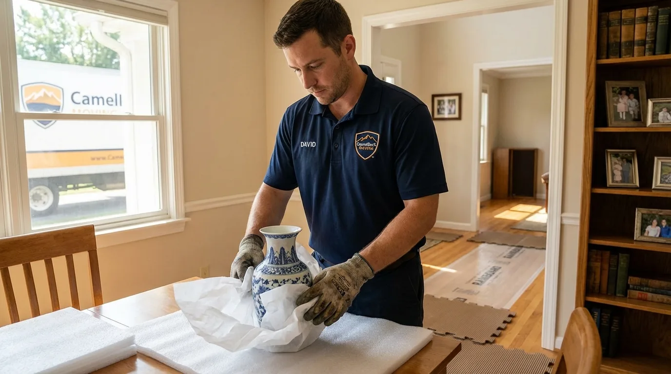 Professional crew carefully wrapping antique vase for senior downsizing move in Hooker, OK
